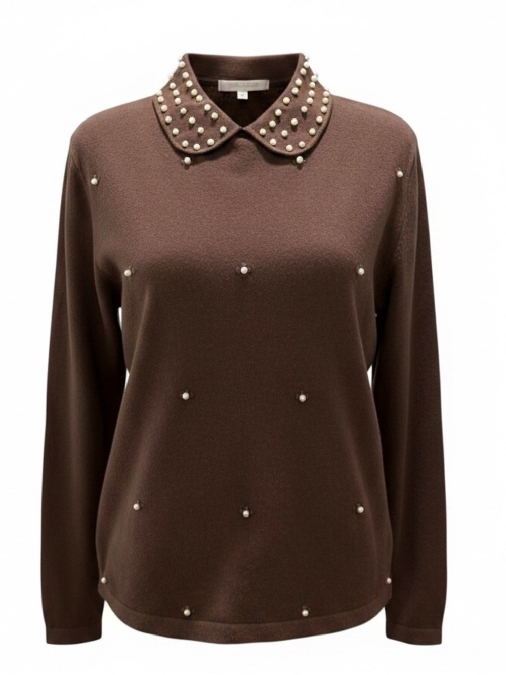 NWT La Vila Milano Pearl Peter Pan Collar Knit Sweater Brown Medium Preppy